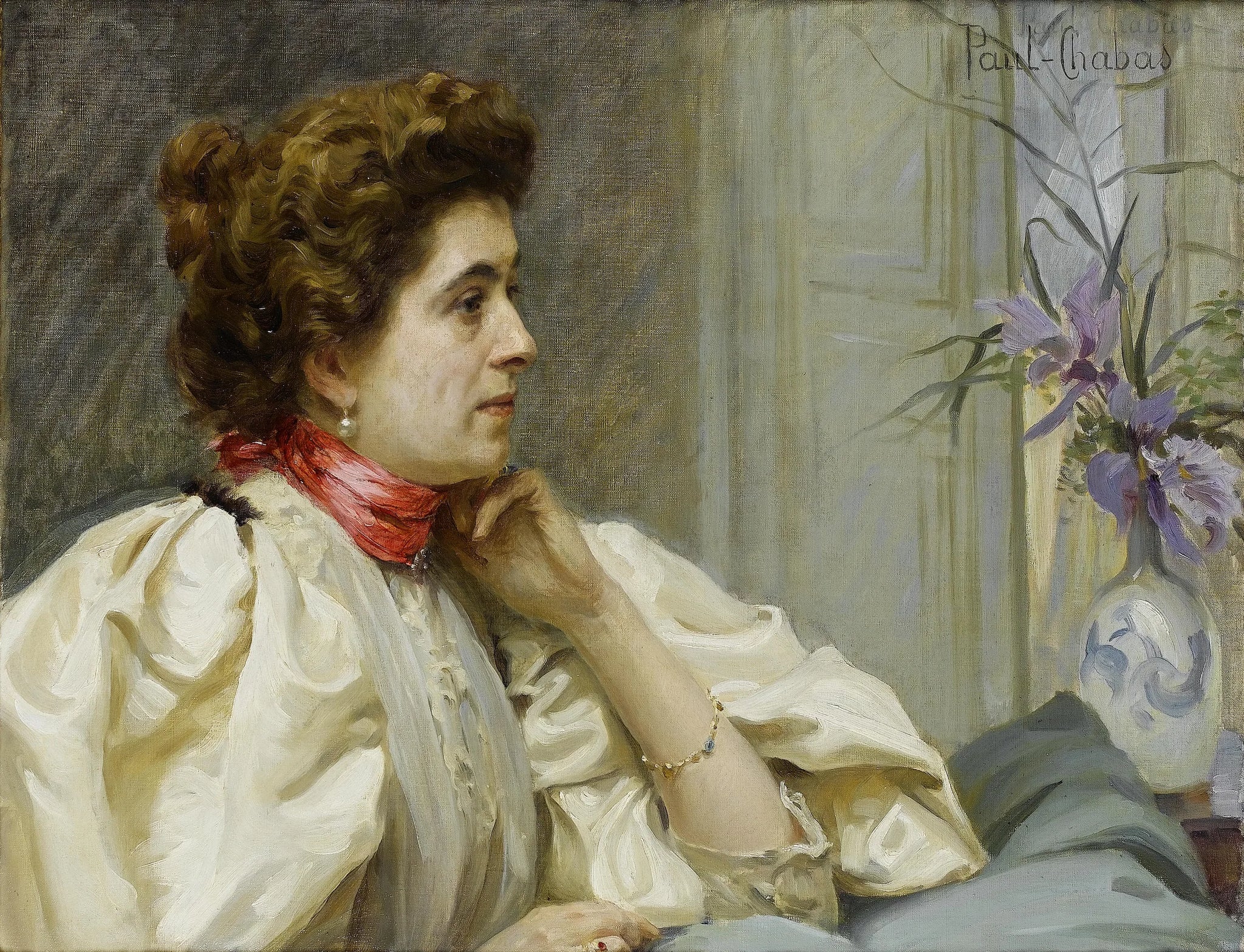 Portrait d'une dame avec un foulard rouge - Paul Chabas image 1 reproduction d’œuvre d’art à l’huile