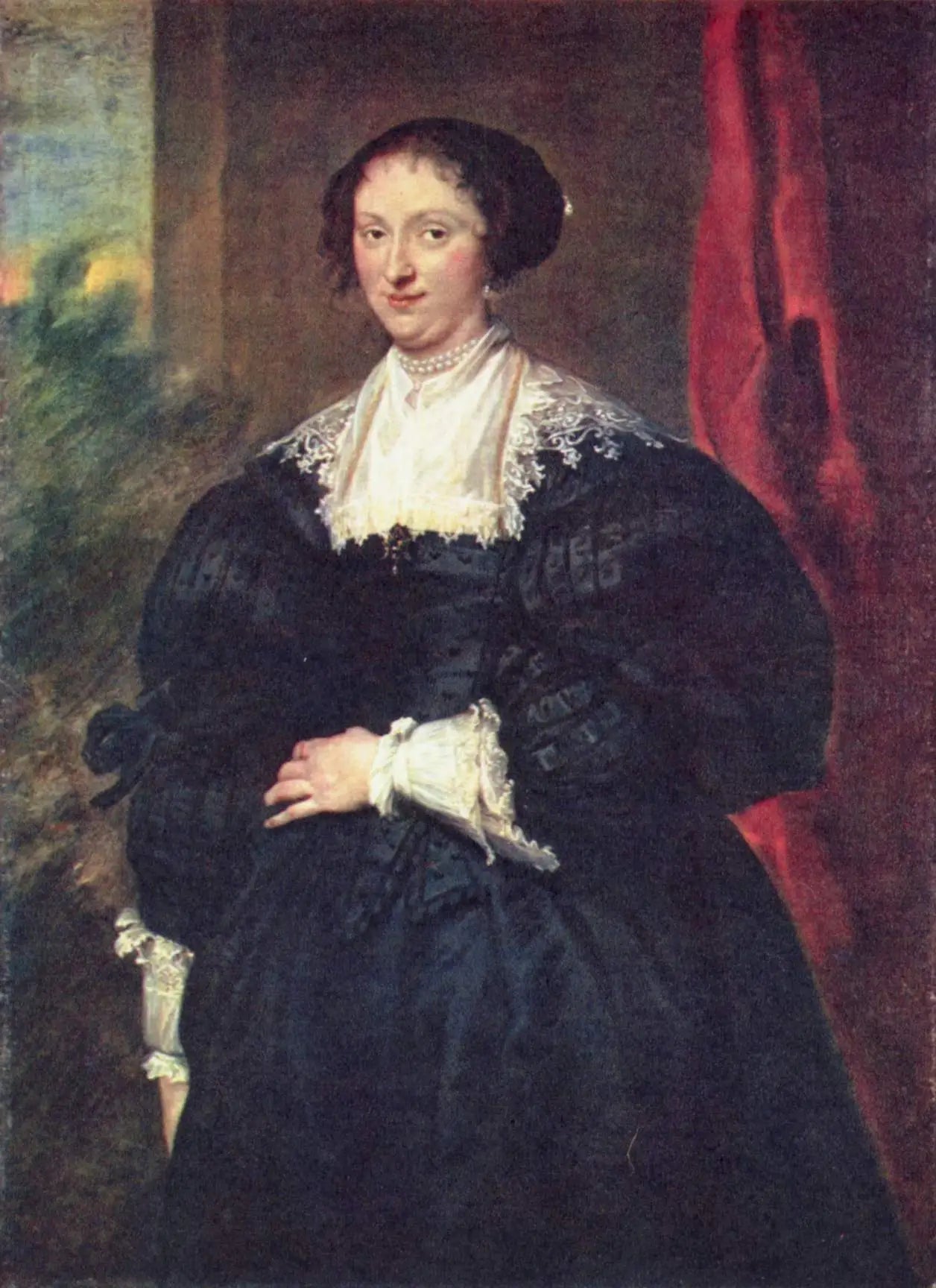 Portrait d'une dame en noir devant un rideau rouge - Antoine van Dyck image 1 reproduction artisanale de tableau