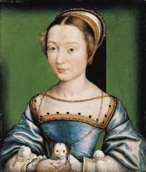 Portrait d'une dame tenant un chiot - Corneille de Lyon image 1 reproduction artisanale de tableau