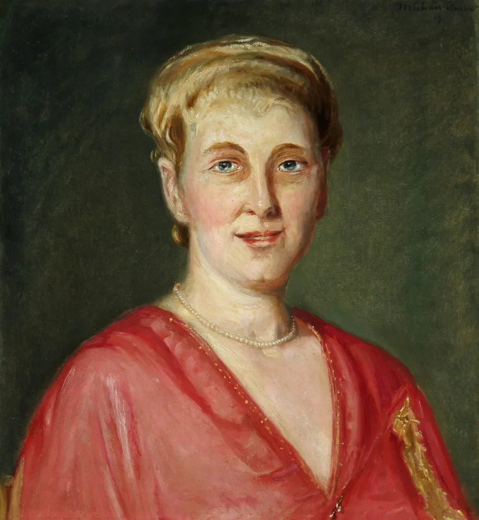 Portrait d'une femme blonde en robe rouge. - Michael Peter Ancher image 1 reproduction de peinture à l’huile