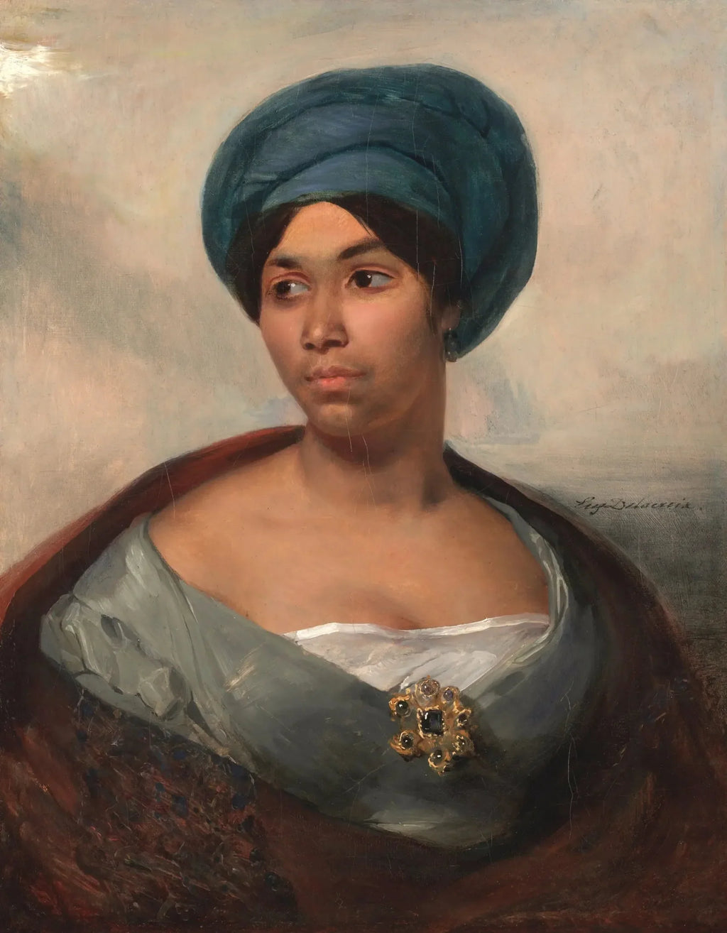 Portrait d'une femme coiffée d'un turban bleu - Eugène Delacroix image 1 copie peinte à la main à l’huile