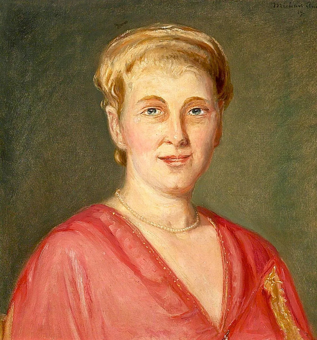 Portrait d'une femme en robe rouge, portant un collier de perles. - Michael Peter Ancher image 1 copie de tableau peinte à la main
