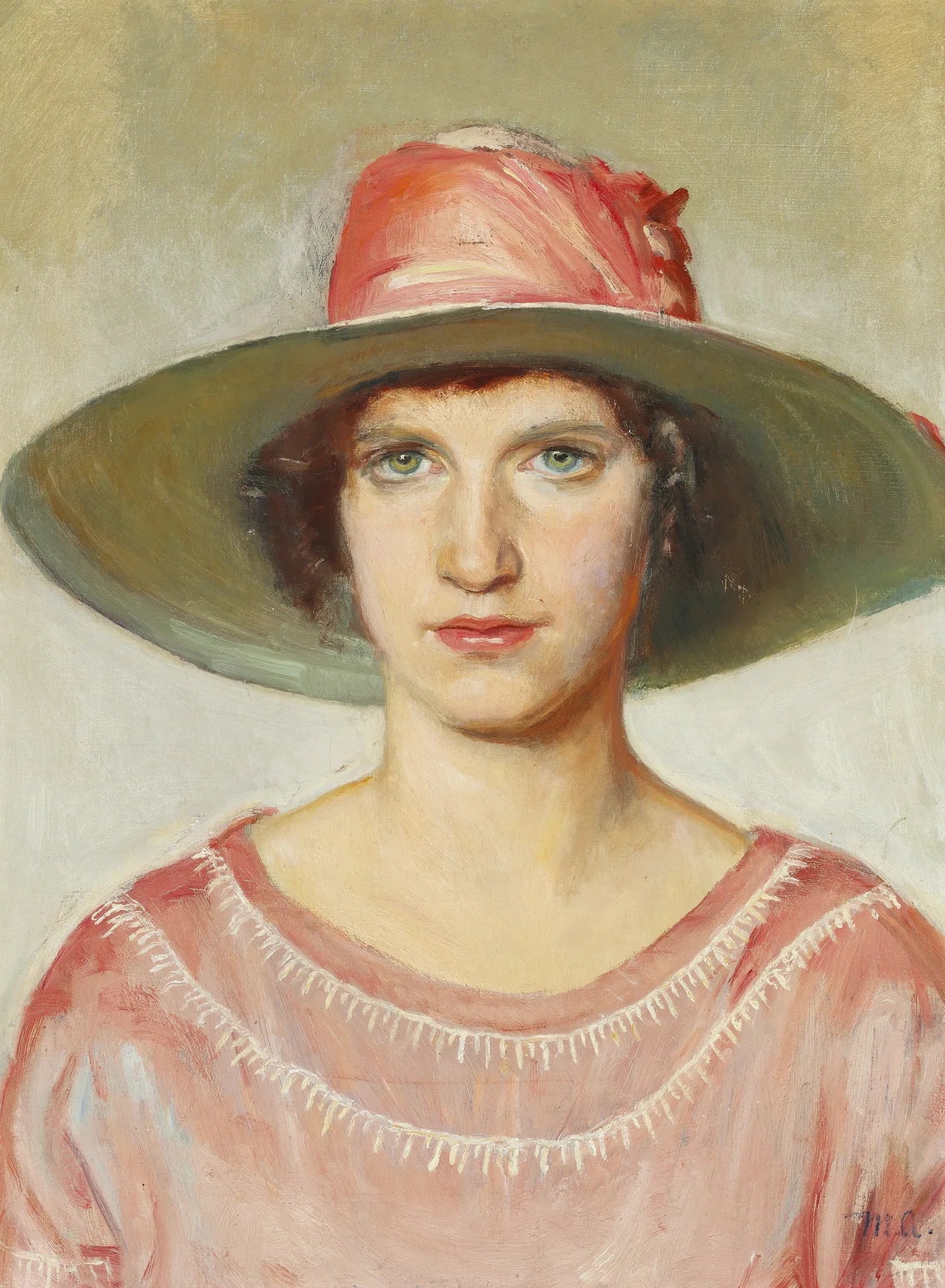 Portrait d'une fille en robe rose et chapeau de paille orné d'un ruban rose - Michael Peter Ancher image 1 copie peinte à la main à l’huile