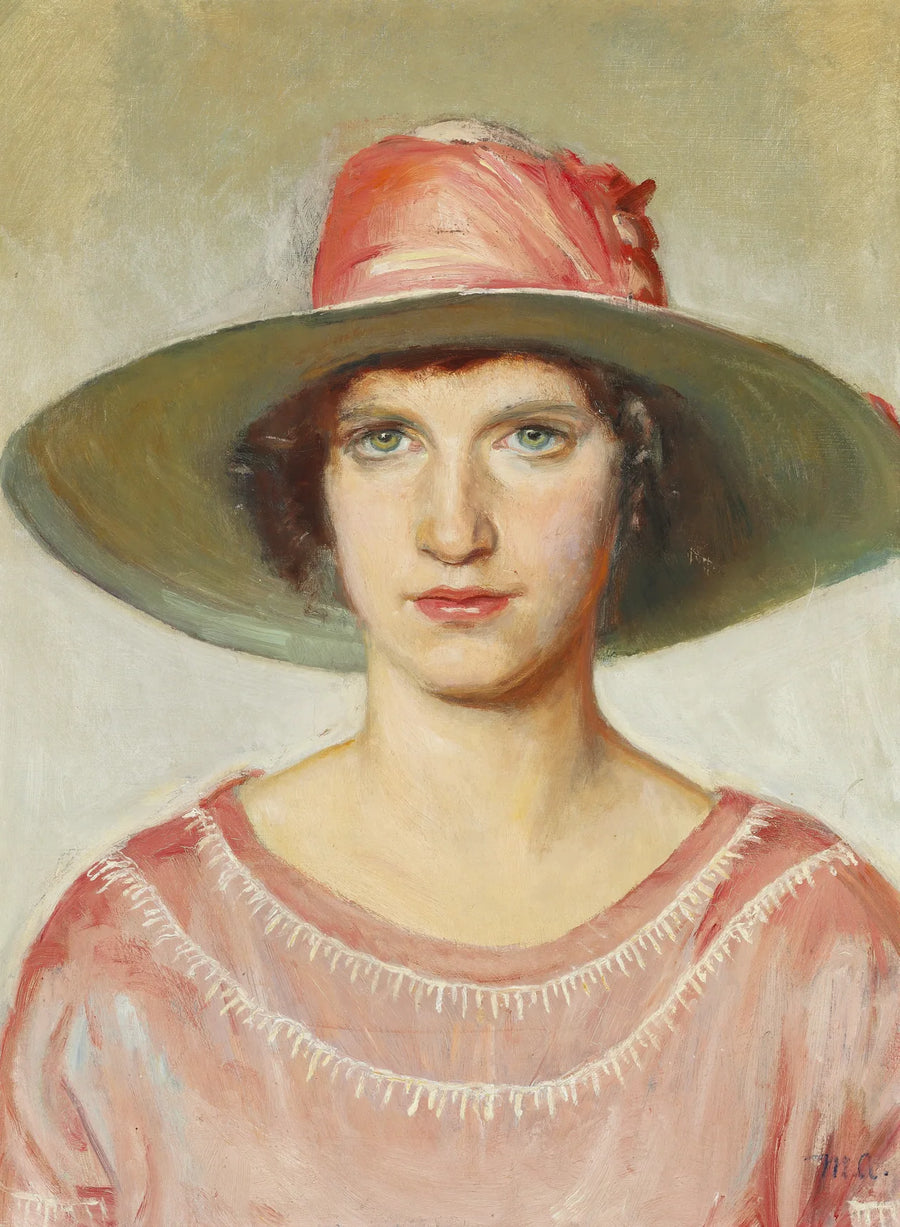 Portrait d'une fille en robe rose et chapeau de paille orné d'un ruban rose - Michael Peter Ancher