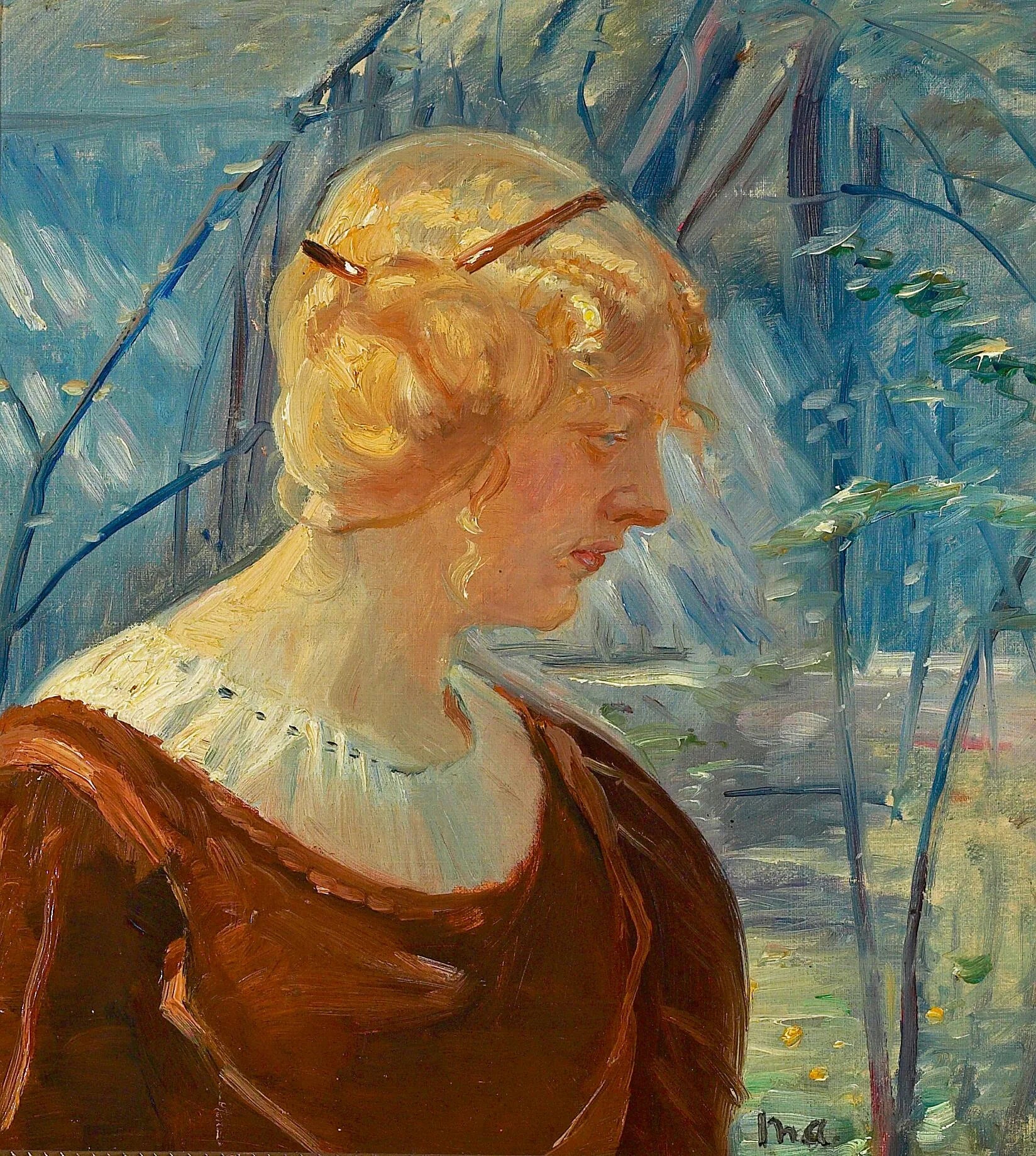 Portrait d'une jeune femme blonde dans un jardin. - Michael Peter Ancher image 1 tableau peint à l’huile sur toile