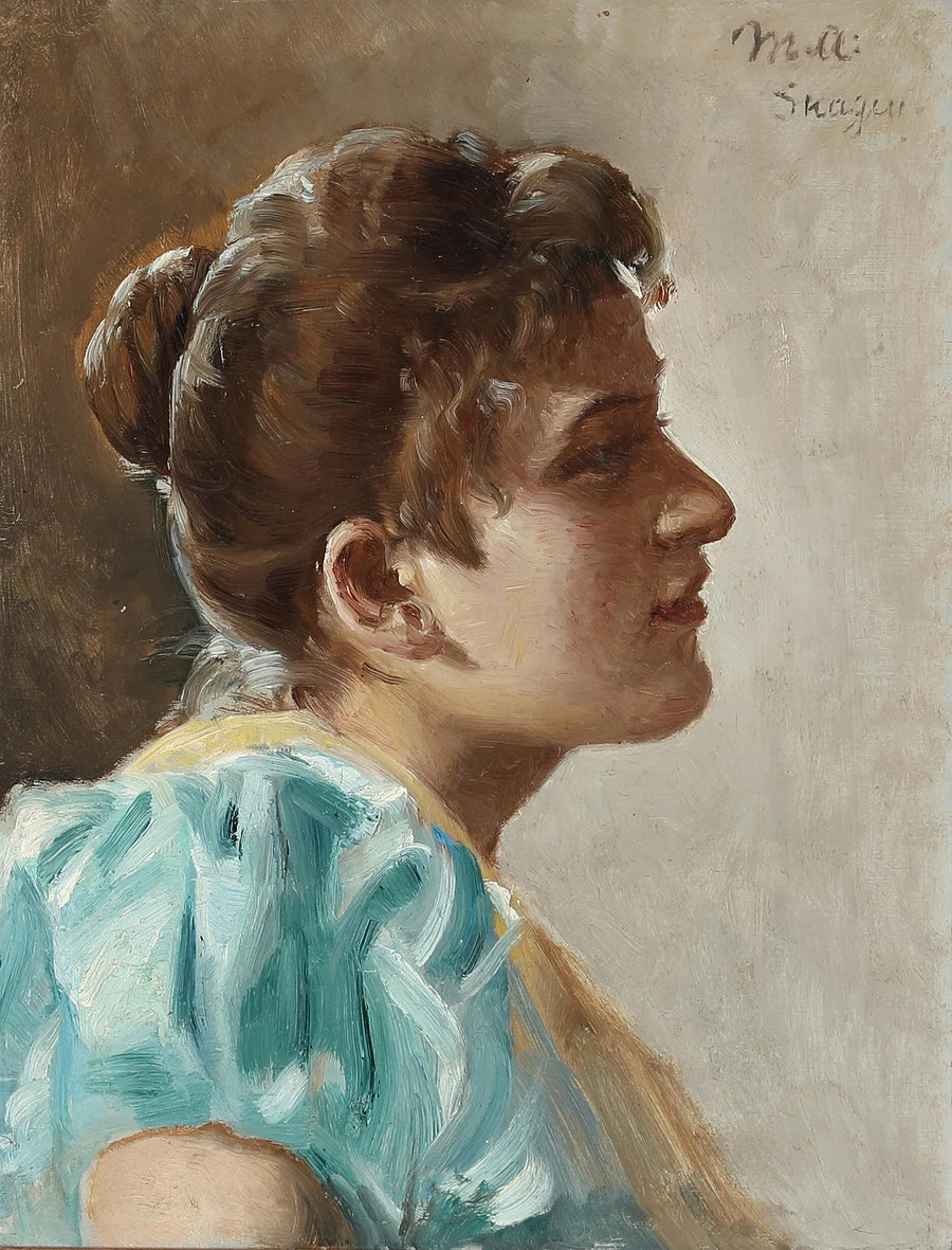 Portrait d'une jeune femme en robe jaune et turquoise. - Michael Peter Ancher
