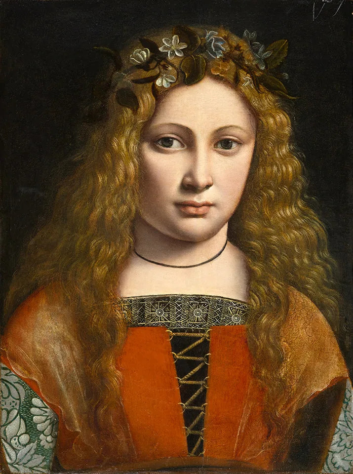 Portrait d'une jeune femme portant une guirlande de fleurs - Giovanni Antonio Boltraffio