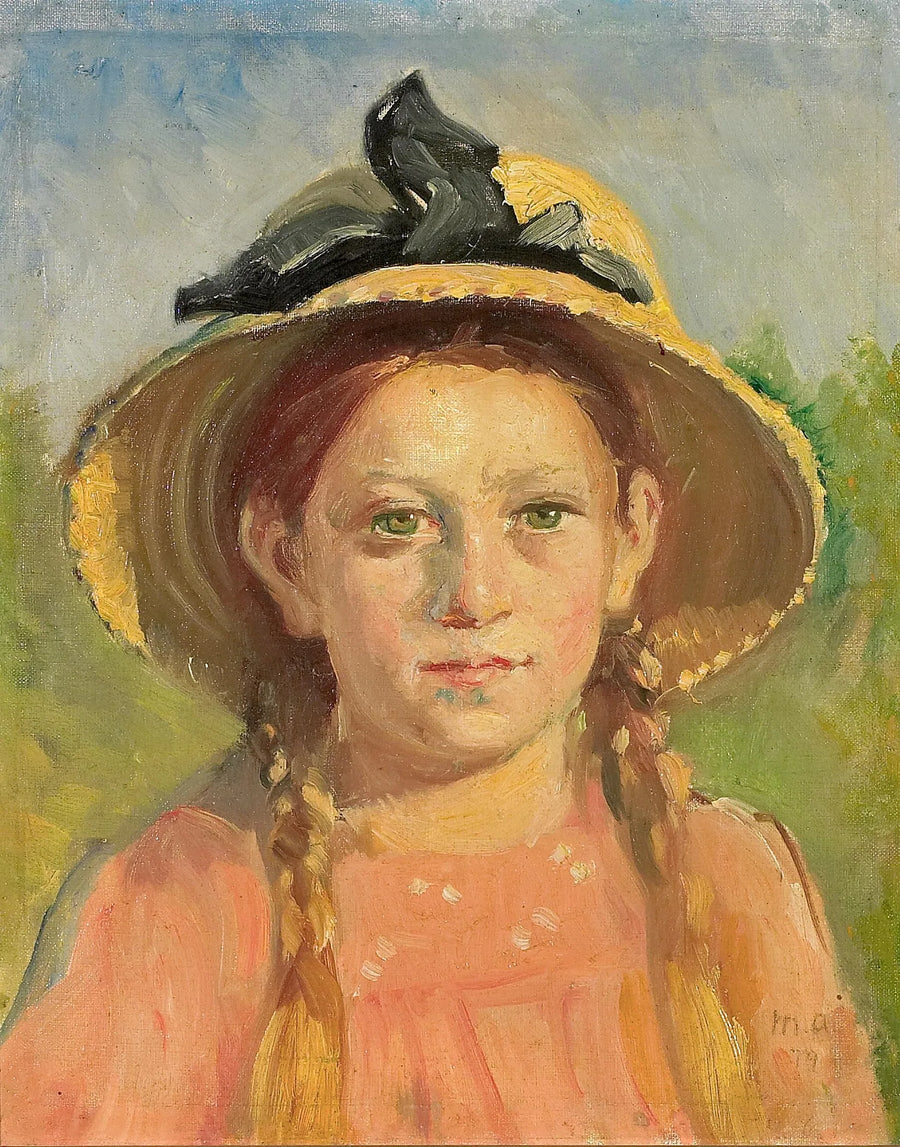 Portrait d'une jeune fille aux cheveux tressés et coiffée d'un chapeau de paille orné d'un ruban bleu. - Michael Peter Ancher