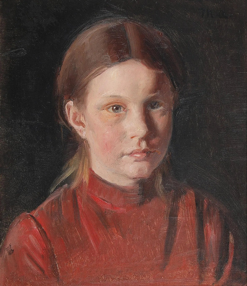 Portrait d'une petite fille en robe rouge. - Michael Peter Ancher