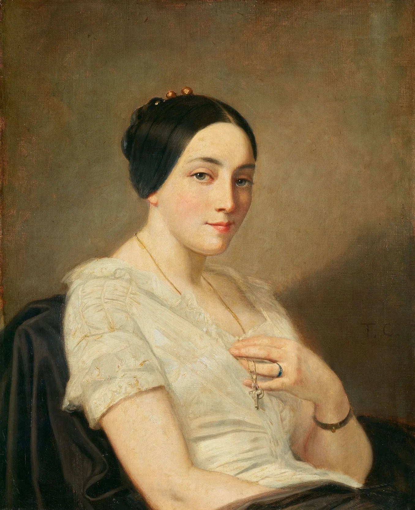Portrait de jeune femme assise - Thomas Couture image 1 tableau peint à l’huile sur toile