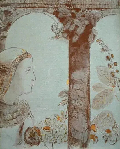 Portrait de jeune fille sur fond d'arcatures - Odilon Redon image 1 reproduction artisanale de tableau