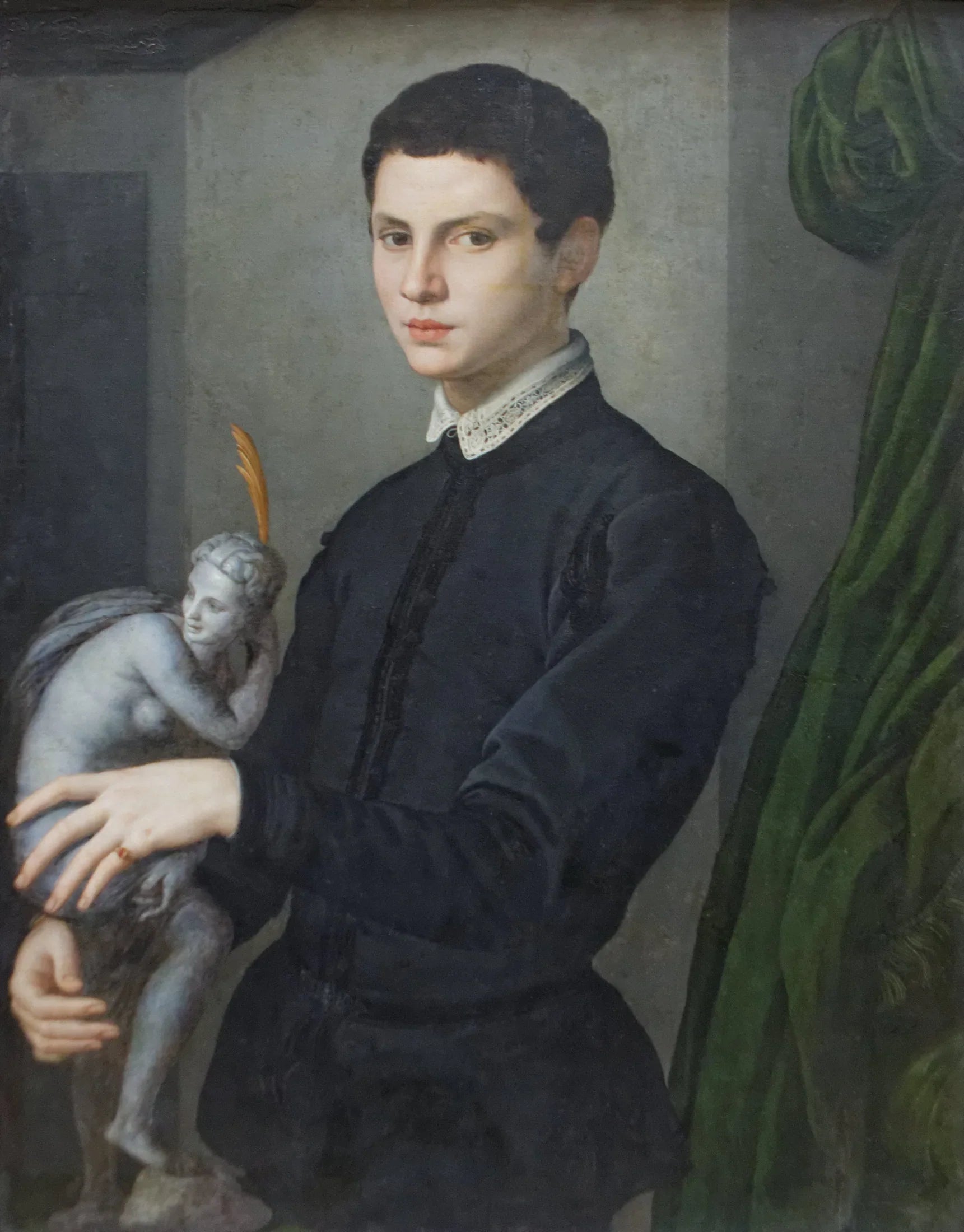 Portrait de jeune homme tenant une statuette - Bronzino image 1 reproduction d’œuvre d’art à l’huile