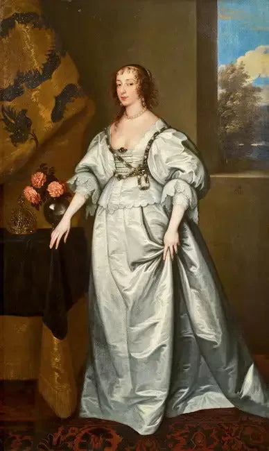 Portrait de la reine Henriette Marie debout en pied dans une robe de satin blanc - Antoine van Dyck image 1 copie de tableau peinte à la main