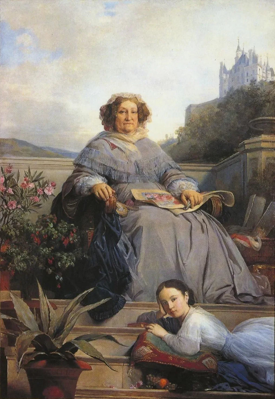 Portrait de la veuve Clicquot, née Ponsardin et de son arrière petite-fille, Anne de Mortemart - Léon Cogniet image 1 copie de tableau peinte à la main