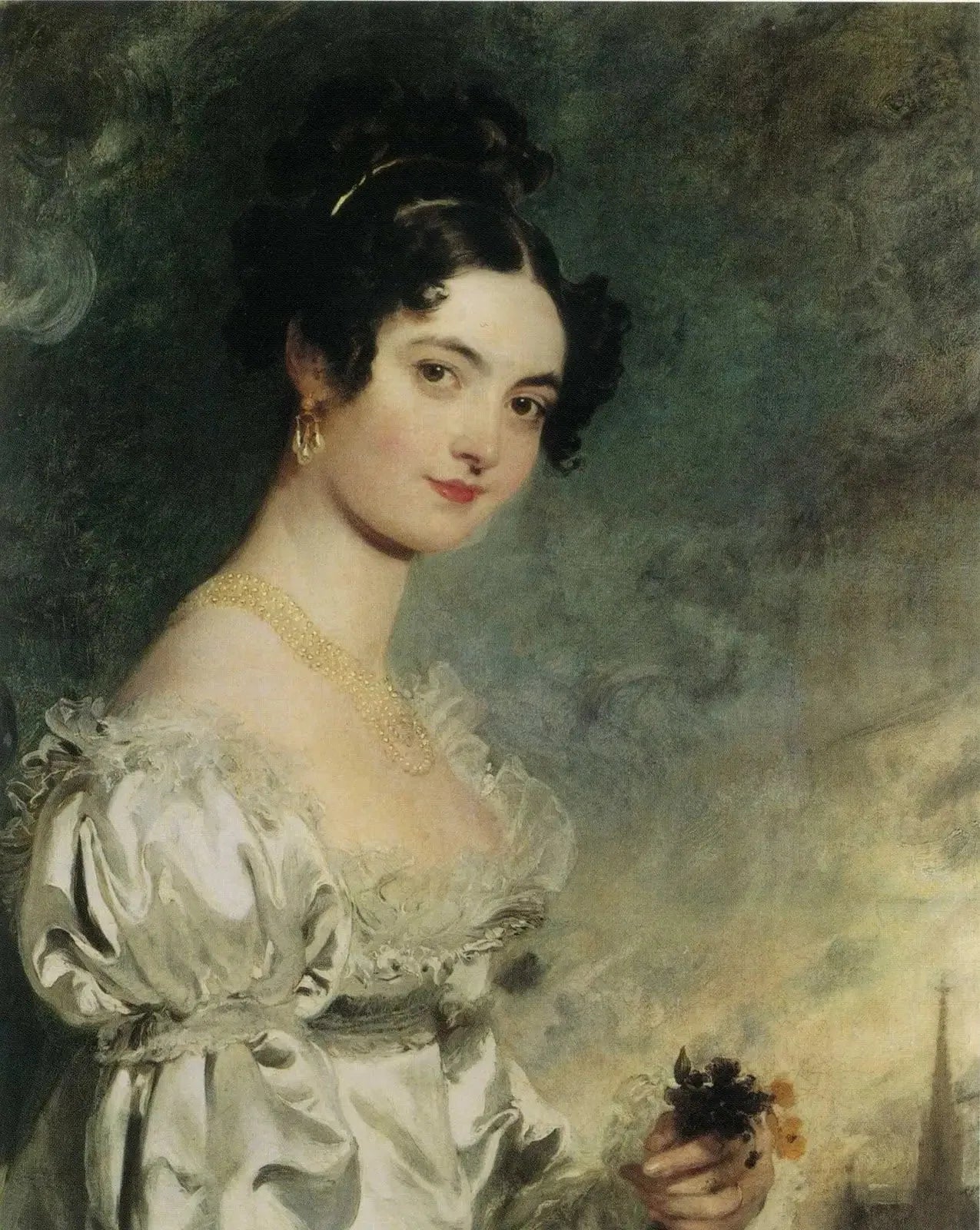 Portrait de Lady Selina Meade (1797–1872), à mi-corps, dans une robe en satin ivoire, avec la flèche de la cathédrale Saint-Étienne de Vienne, au-delà - Thomas Lawrence image 1 tableau peint à l’huile sur toile
