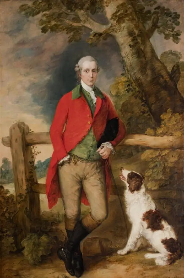 Portrait de Robert Thistlethwayte de Norman Court, debout en pied, vêtu d'un manteau rouge, d'un gilet vert et d'une culotte chamois, tenant une canette, appuyé contre une clôture, un épagneul à ses côtés - Thomas Gainsborough image 1 reproduction d’œuvre d’art à l’huile