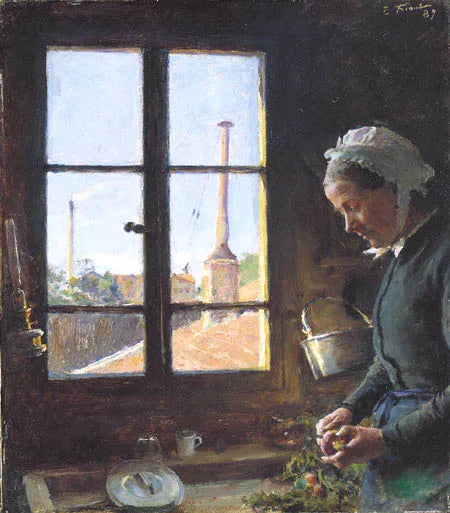 Portrait de sa mère épluchant une navette, devant une fenêtre - Émile Friant image 1 reproduction de peinture à l’huile