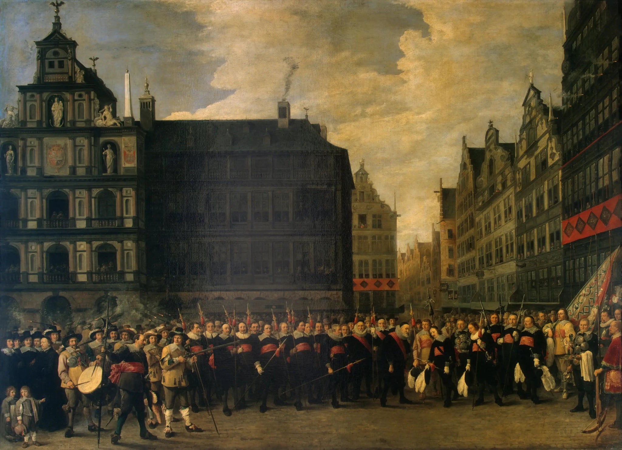 Portrait des membres de la guilde des arbalétriers sur la Grand-Place d'Anvers - David Teniers le Jeune image 1 reproduction artisanale de tableau