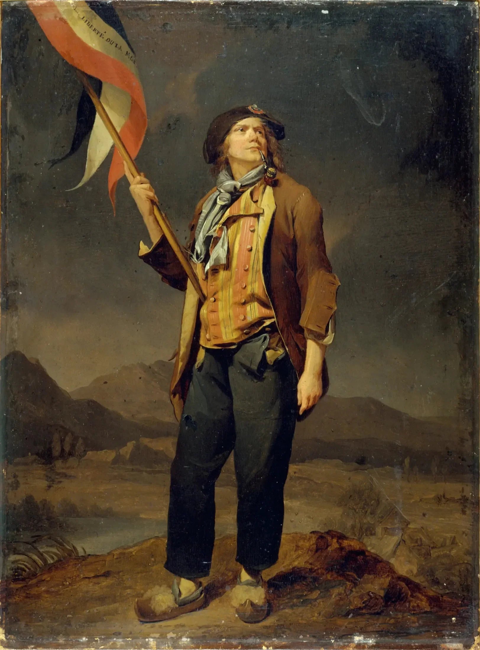 Portrait du chanteur Simon Chenard (1758-1832), en costume de sans-culotte, portant un drapeau à la fête de la liberté de la Savoie, le 14 octobre 1792 - Louis-Léopold Boilly image 1 copie peinte à la main à l’huile