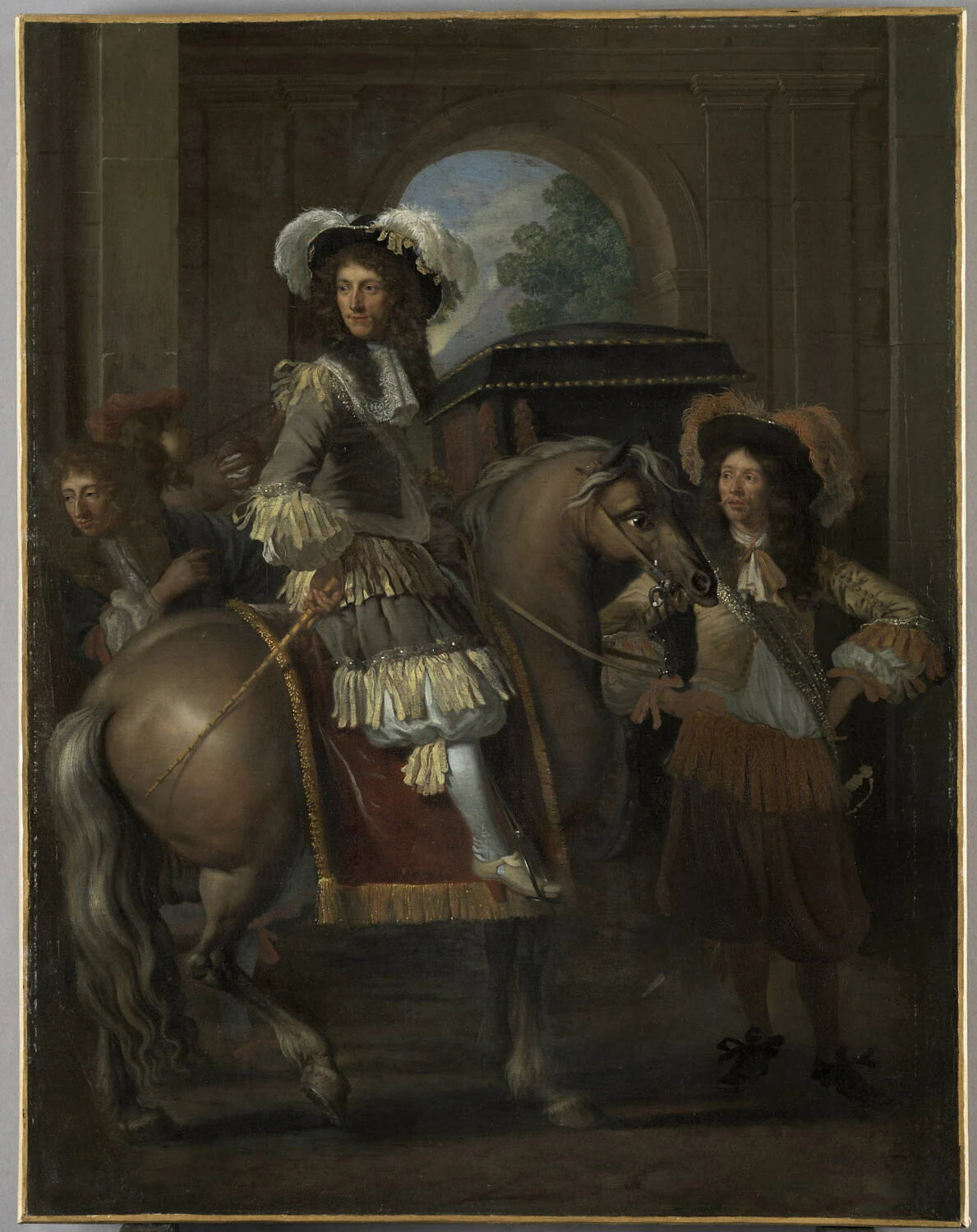 Portrait d un gentilhomme a cheval avec carrosse devant une porte monumentale - François Duchatel