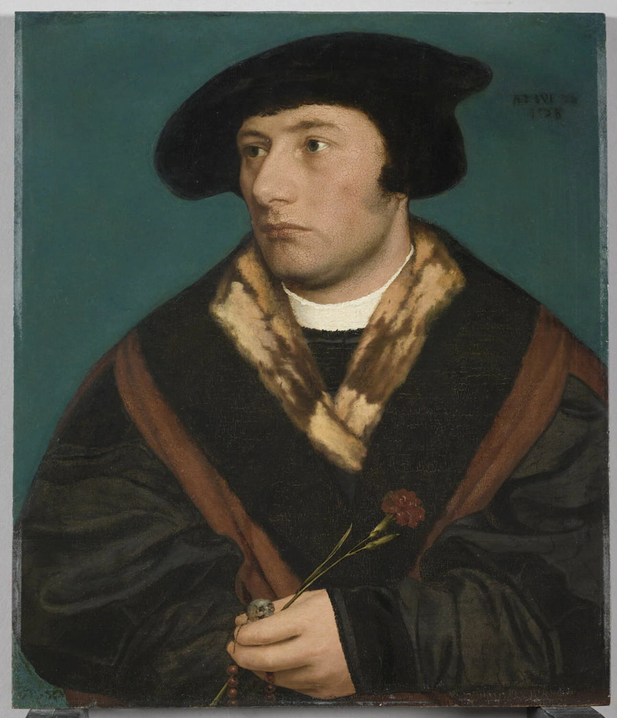 Portrait d'homme âgé de vingt-cinq ans, tenant un œillet et un chapelet orné d'une petite tête de mort sculptée. - Christoph Amberger
