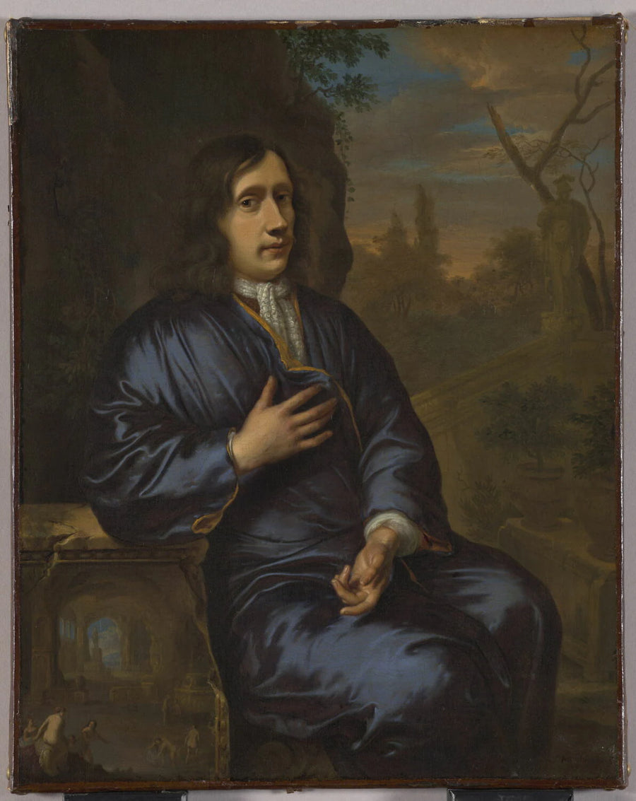 Portrait d'homme assis dans un parc et accoudé sur une balustrade peinte - Mattheus Wytmans