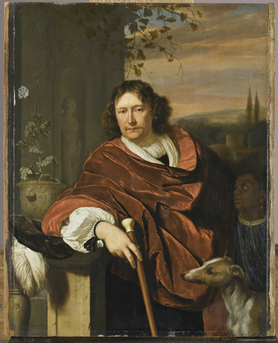 Portrait d'homme à la canne, avec un petit serviteur noir et un chien - Frans van Mieris