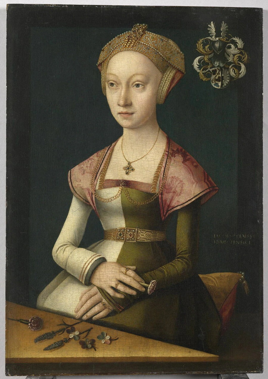 Portrait d'une jeune femme de Lübeck tenant un œillet - dit Jacob van Utrecht Jacob Claez. van Utrecht