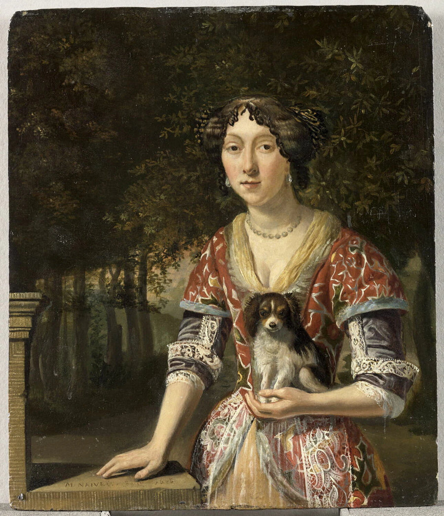 Portrait d'une jeune femme tenant un petit chien, sur fond agreste - Matthijs Naiveu