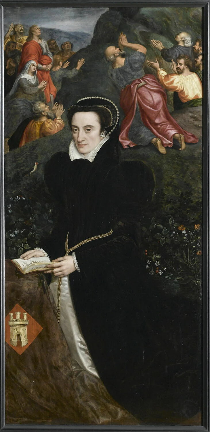 Portrait de Leonor Lopez de Villanova, femme d'Antonio Del Rio, avec l'Ascension du Christ à l'arrière-plan - Adriaen Thomasz. Key