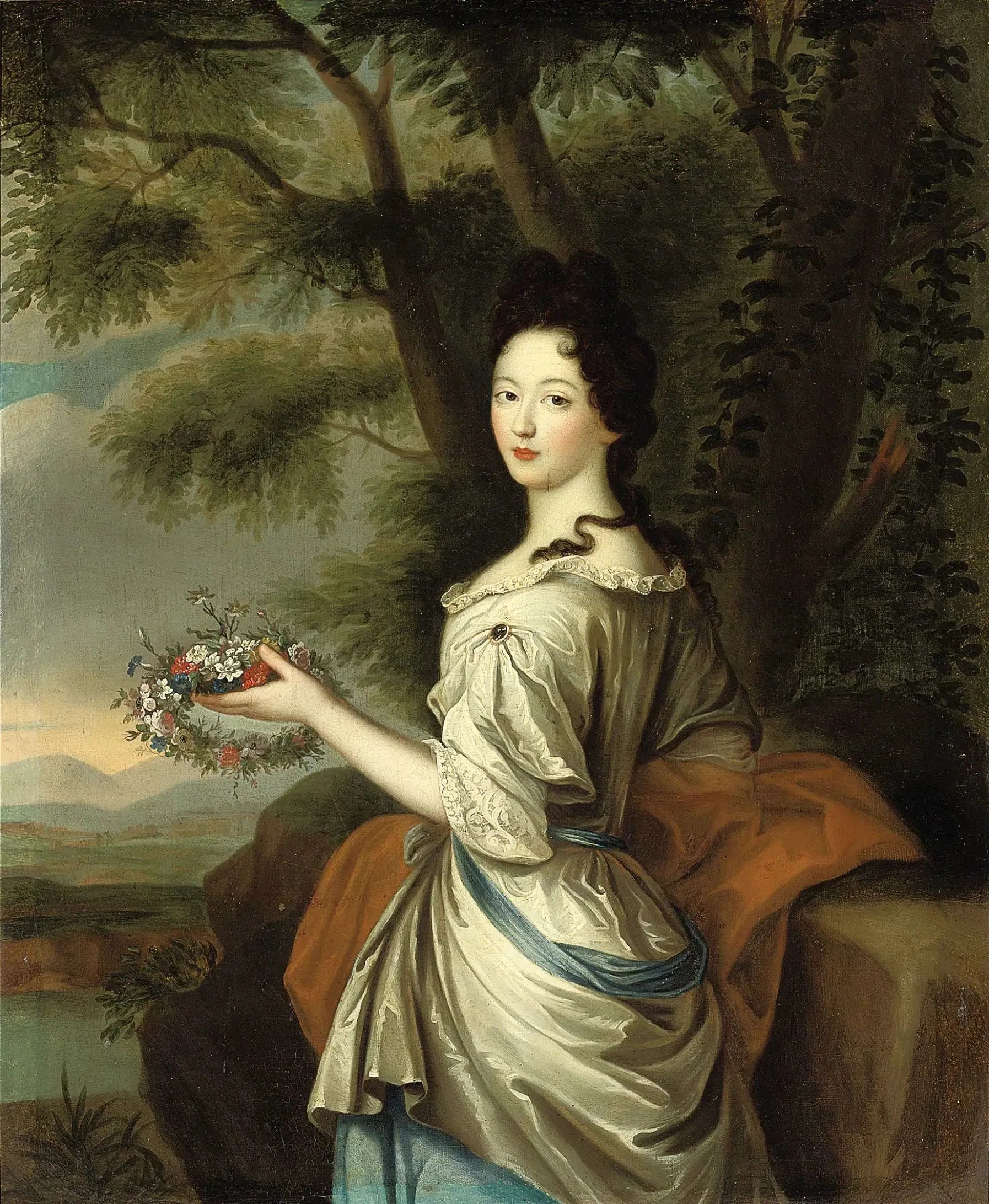 Portrait of a Lady in a Lace-Trimmed Gray and Blue Dress - Pierre Mignard image 1 reproduction de peinture à l’huile