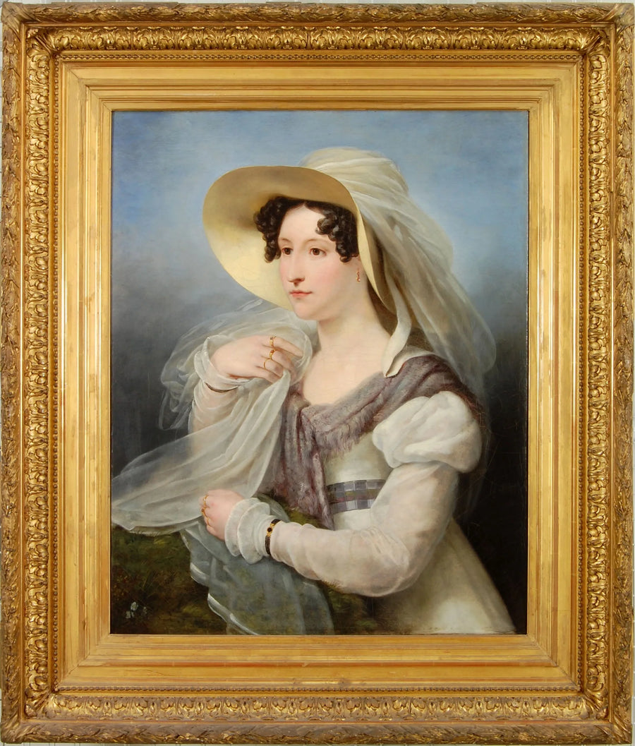 Portret van een jonge vrouw met Italiaanschen stroohoed - Ary Scheffer