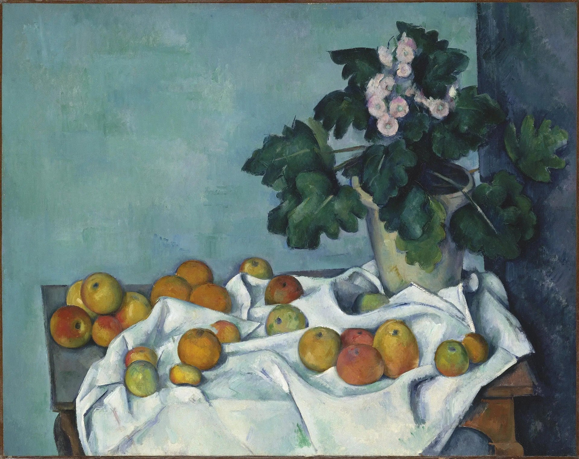 Pot de primevères et fruits sur une table - Paul Cézanne image 1 reproduction artisanale de tableau