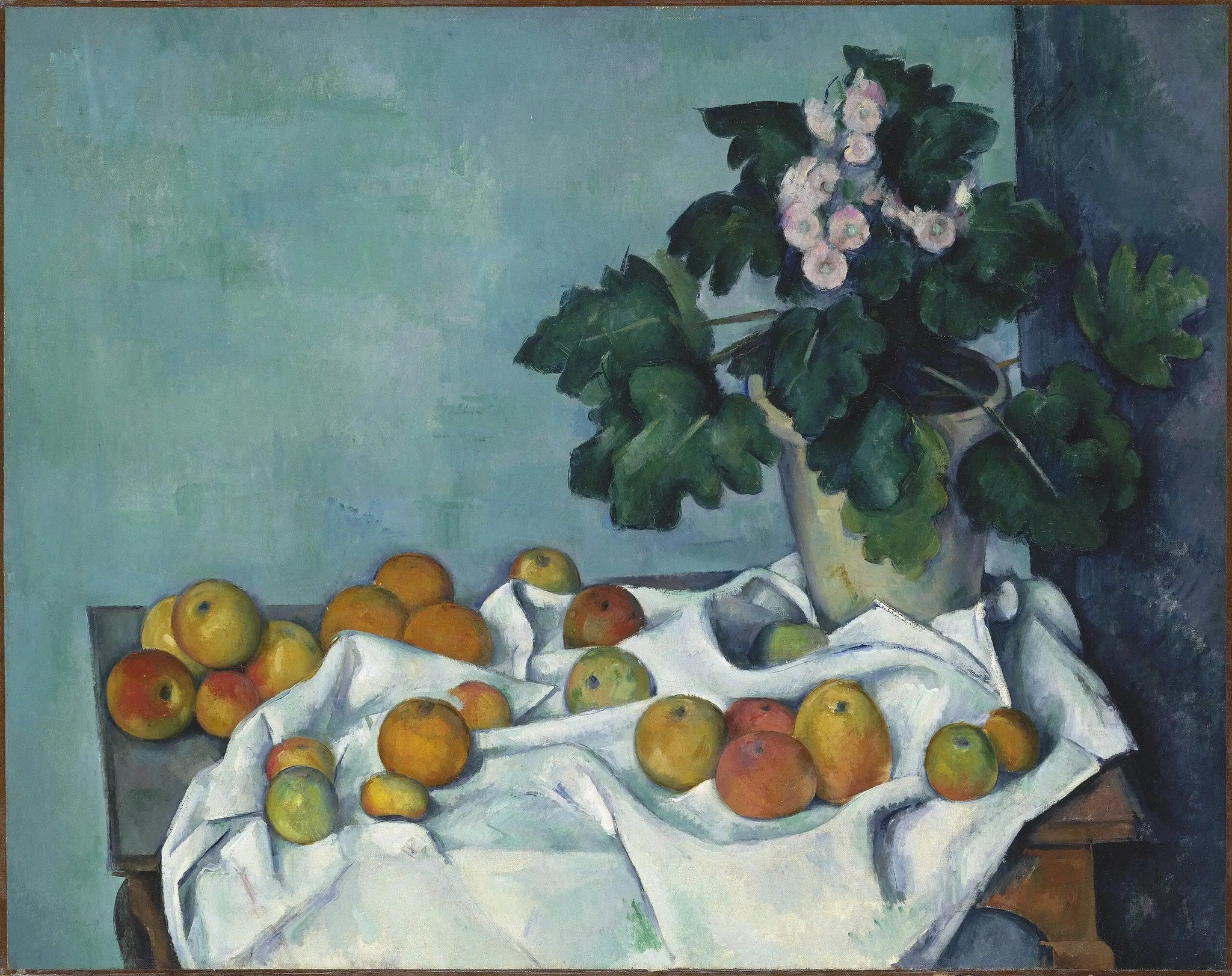 Pot de primevères et fruits sur une table - Paul Cézanne image 1 reproduction artisanale de tableau