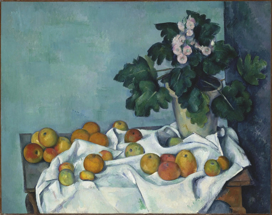 Pot de primevères et fruits sur une table - Paul Cézanne