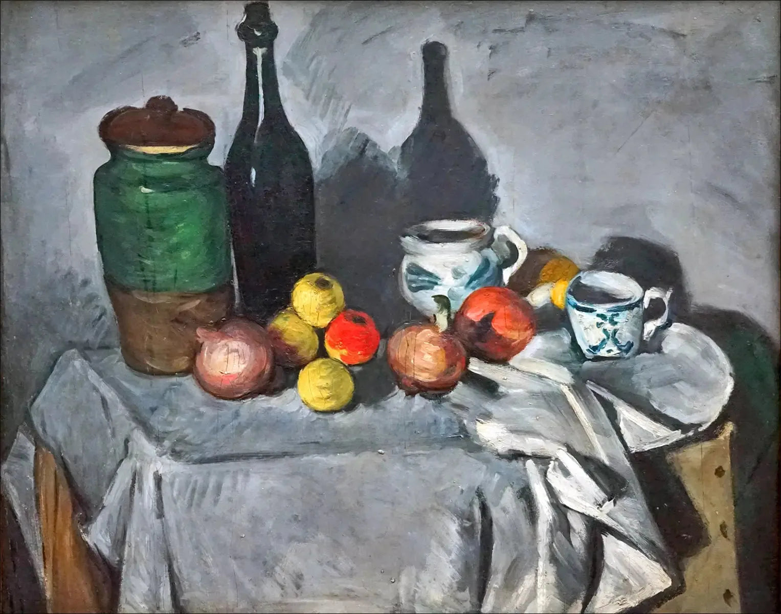 Pots, bouteille, tasse et fruits - Paul Cézanne image 1 tableau peint à l’huile sur toile