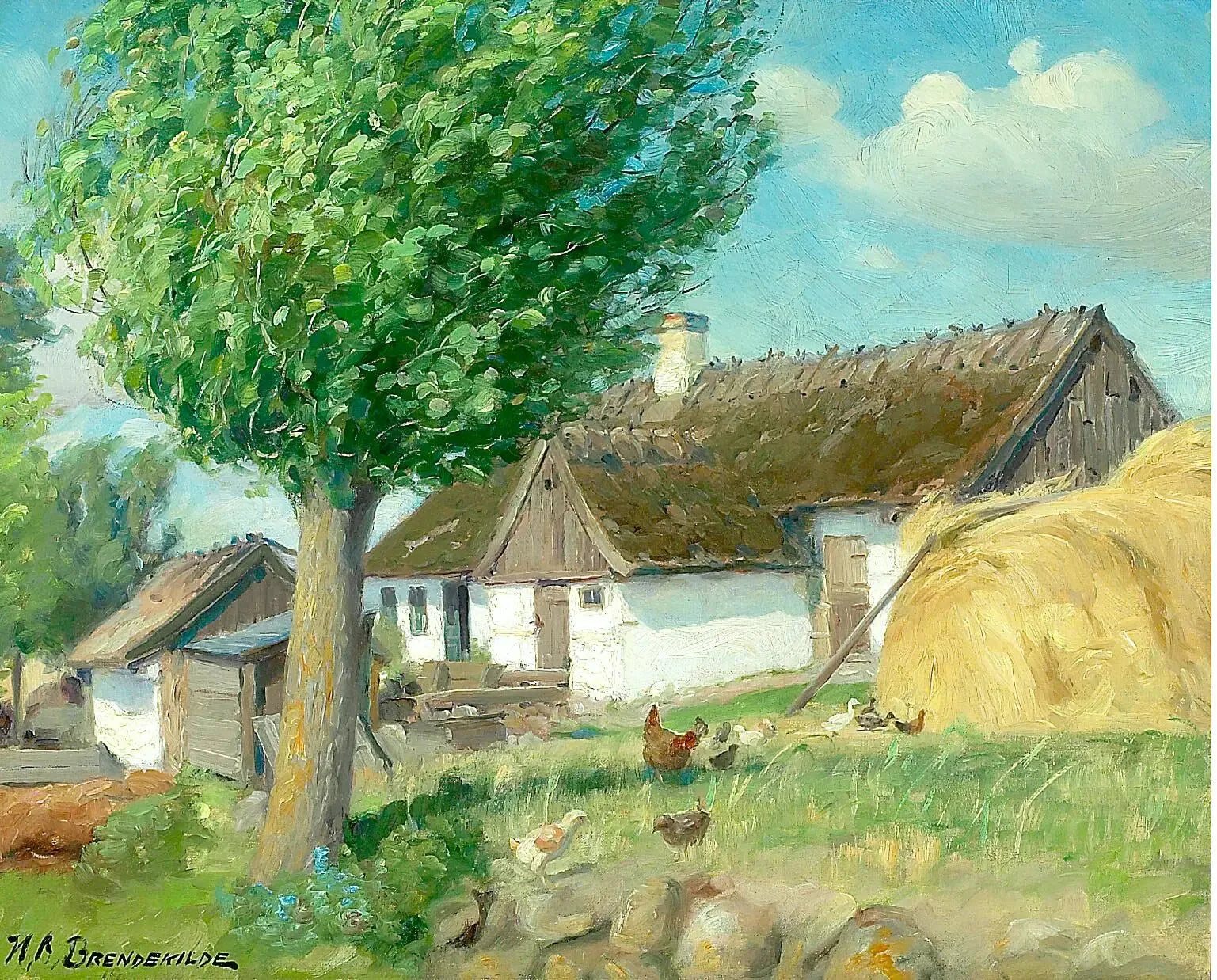 Poules devant une ferme au toit de chaume. - H. A. Brendekilde image 1 copie de tableau peinte à la main