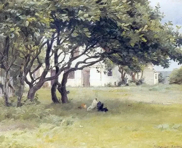 Poules sous les arbres à la ferme de Madame Bendsen - Peder Severin Krøyer image 1 reproduction artisanale de tableau