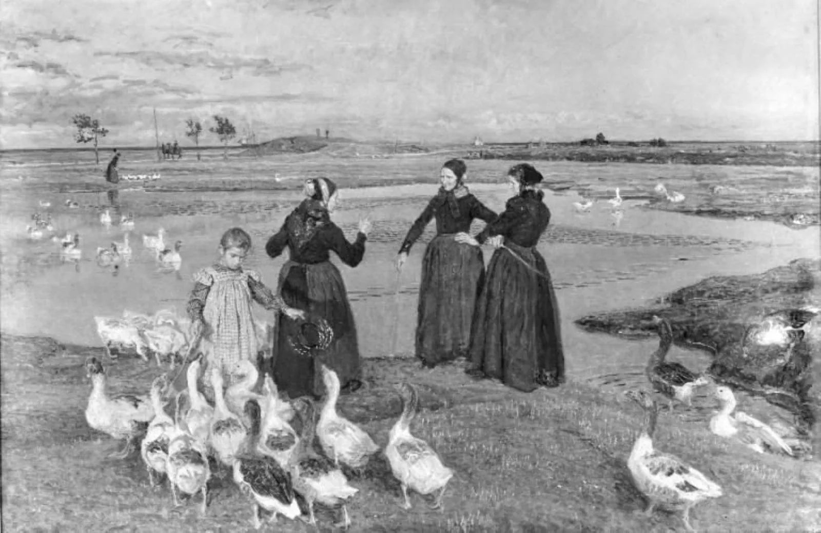 Pour le reste, je ne le ferai pas. Dragør. Koner, à Lille Pige et Gæs ved Stranden - Viggo Johansen image 1 copie de tableau peinte à la main