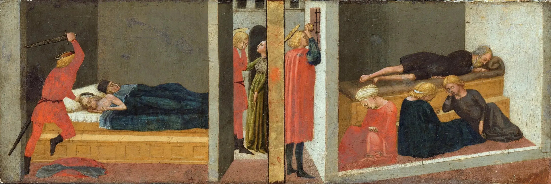 Prédelle d'autel ; Panneau de droite : Le parricide de saint Julien - Le miracle de saint Nicolas de Bari - Masaccio image 1 copie de tableau peinte à la main