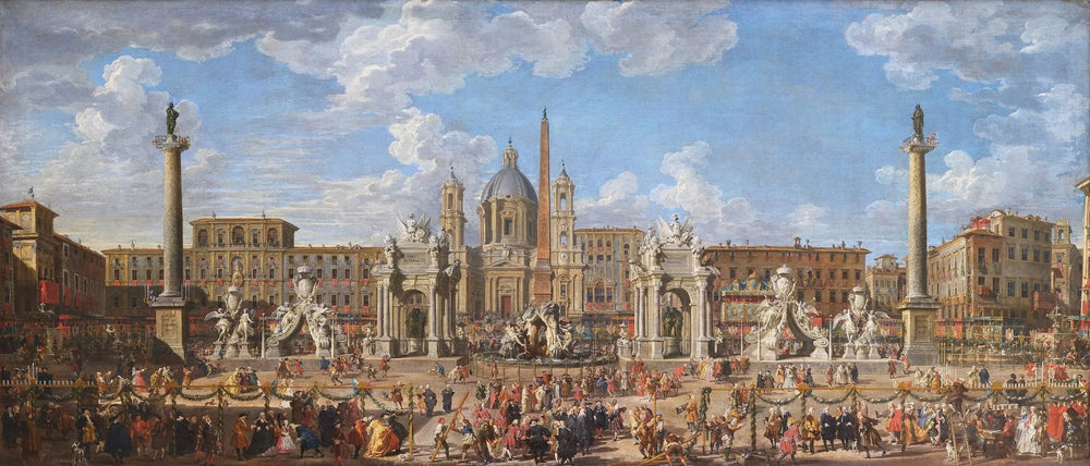 Préparation du feu d'artifice et de la décoration de la fête donnée sur la place Navone, à Rome, le 30 novembre 1729, à l'occasion de la naissance du Dauphin - Giovanni Paolo Panini image 1 copie de tableau peinte à la main