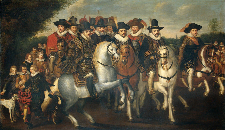 Le prince Maurice accompagné de ses deux frères, Frédéric V, électeur palatin et quelques comtes de Nassau à cheval - Artiste inconnu du Rijksmuseum