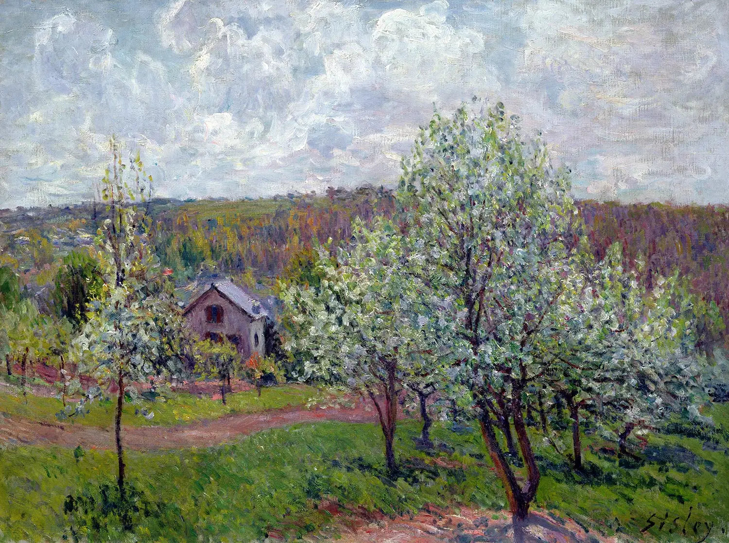 Printemps aux environs de Paris. Pommiers en fleurs - Alfred Sisley image 1 reproduction artisanale de tableau