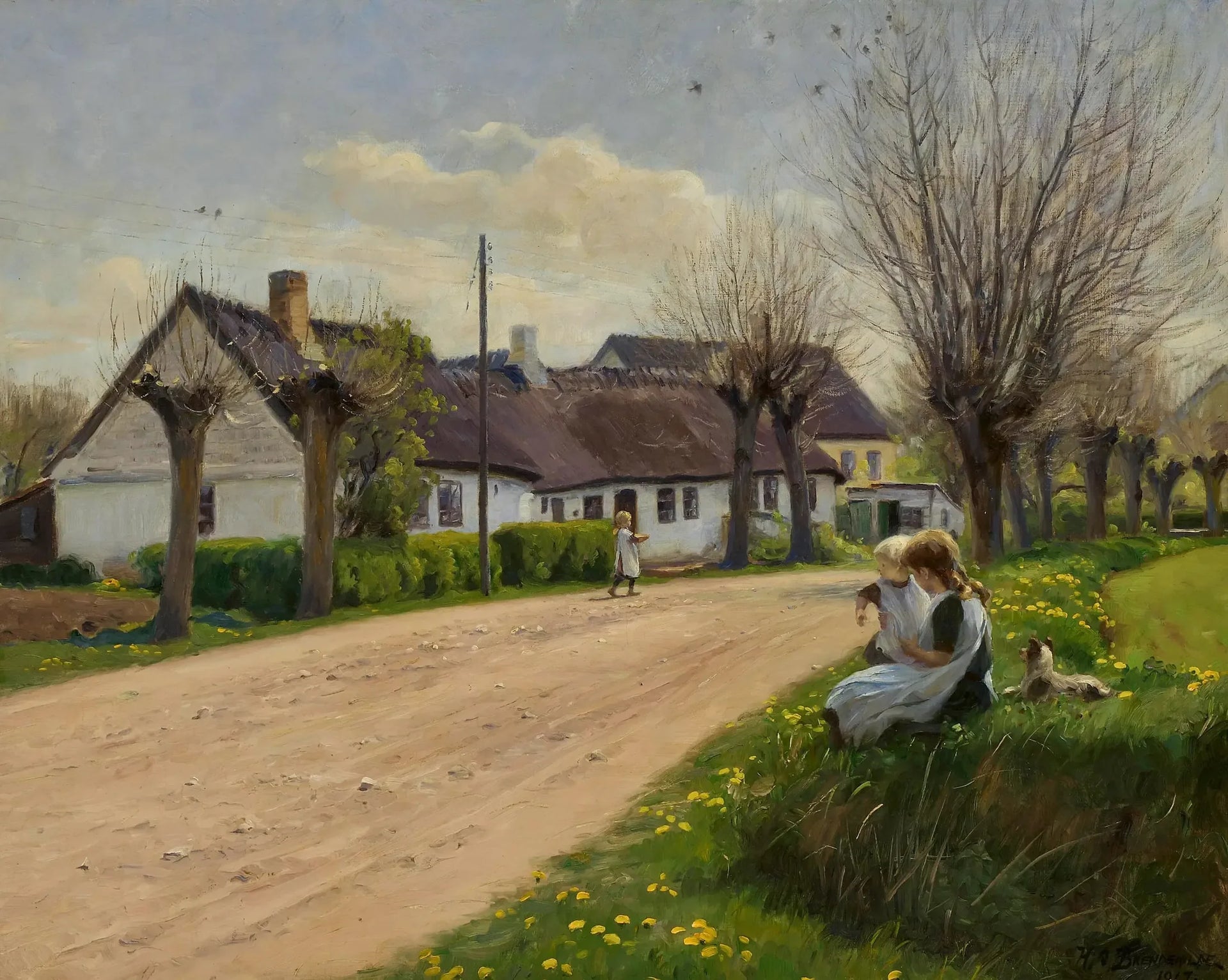Printemps dans un village avec des filles au bord de la route. - H. A. Brendekilde image 1 reproduction de peinture à l’huile
