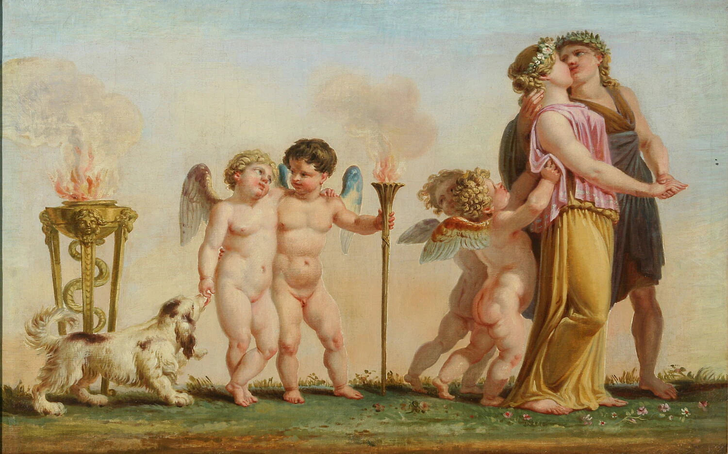 Le Printemps (Salon des saisons), couple s'embrassant, amours, chien et feu - Pierre-Paul Prud'hon