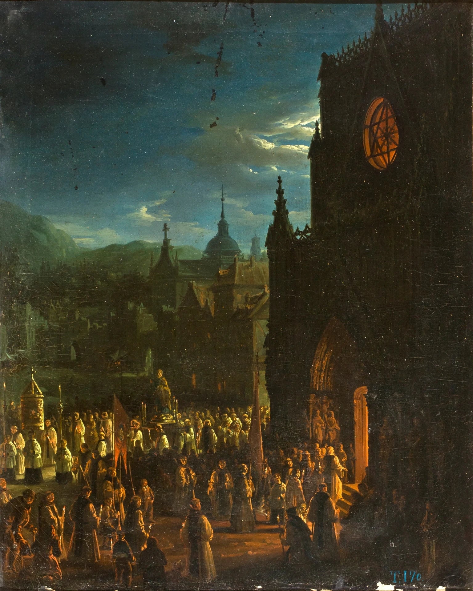 Procession dans une église. Effet lune. - Joaquín Sigüenza y Chavarrieta