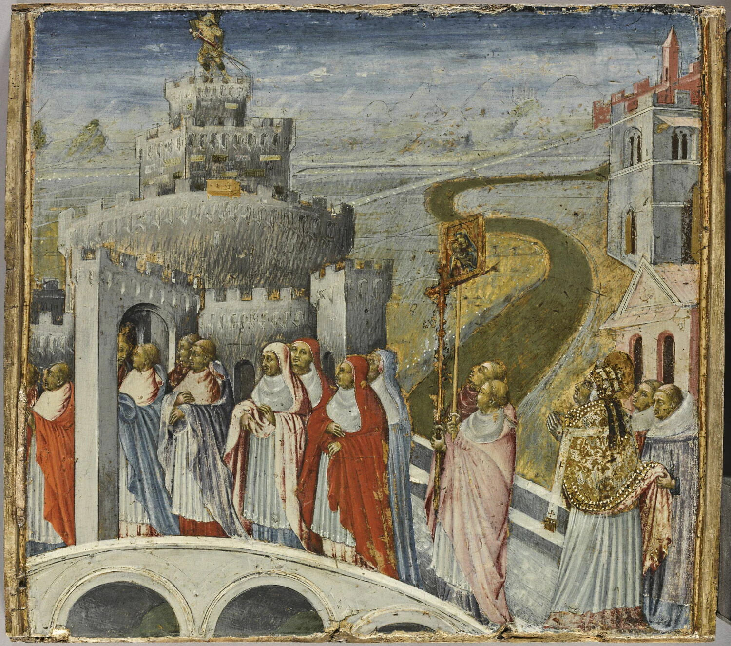 La Procession de saint Grégoire le Grand au château Saint-Ange durant la peste noire, dit autrefois à tort la Rentrée du pape Martin V au château Saint-Ange (1420) ou la Procession du pape Clément... - Giovanni di Paolo (Giovanni di Paolo di Grazia, dit)