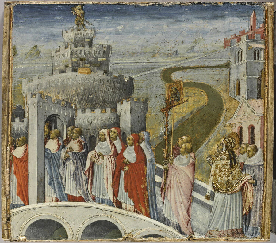 La Procession de saint Grégoire le Grand au château Saint-Ange durant la peste noire, dit autrefois à tort la Rentrée du pape Martin V au château Saint-Ange (1420) ou la Procession du pape Clément... - Giovanni di Paolo (Giovanni di Paolo di Grazia, dit)