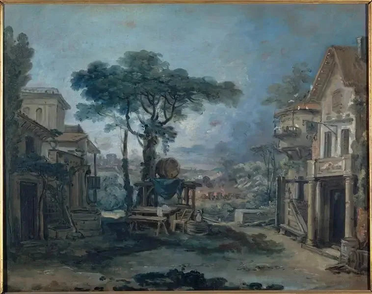Projet pour un décor de théâtre : la place d'un village - François Boucher image 1 reproduction de peinture à l’huile