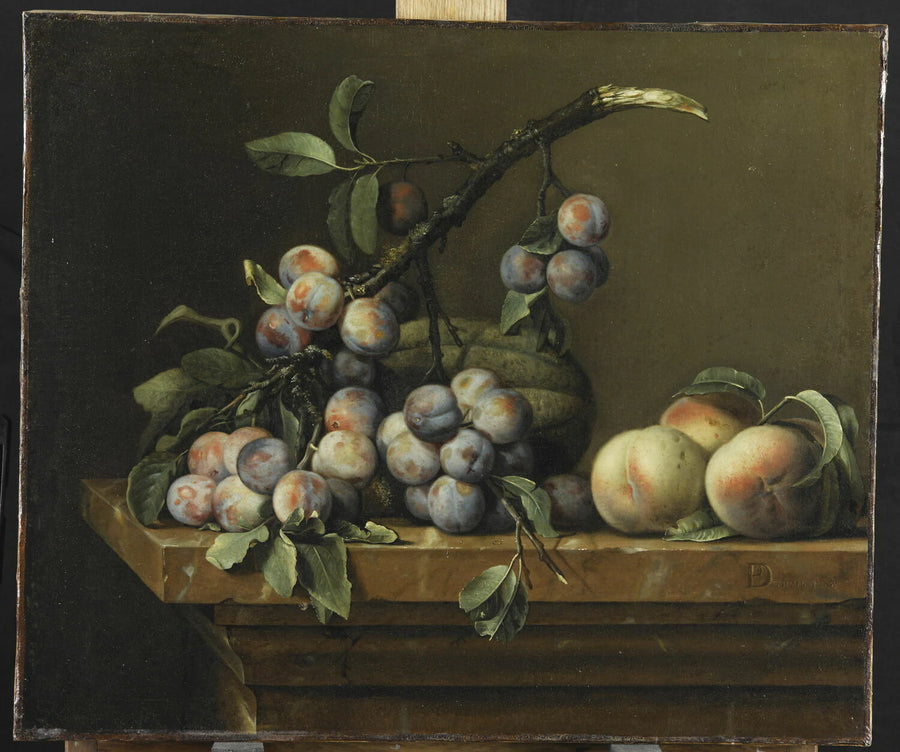 Prunes, courge et pêches sur un entablement de marbre - Pierre Dupuis